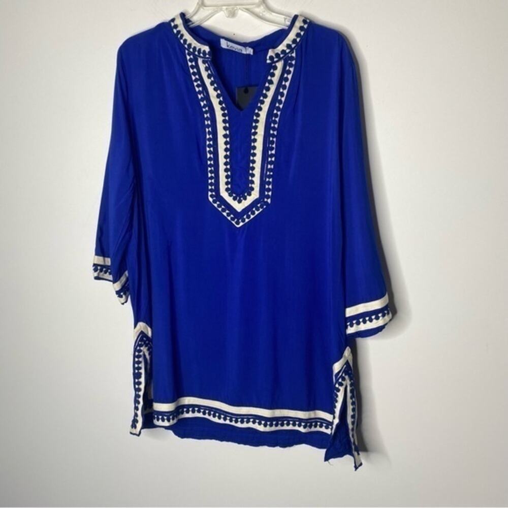 NWT Kevia Blue‎ Embroidered Tunic Top/Coverup Size Large